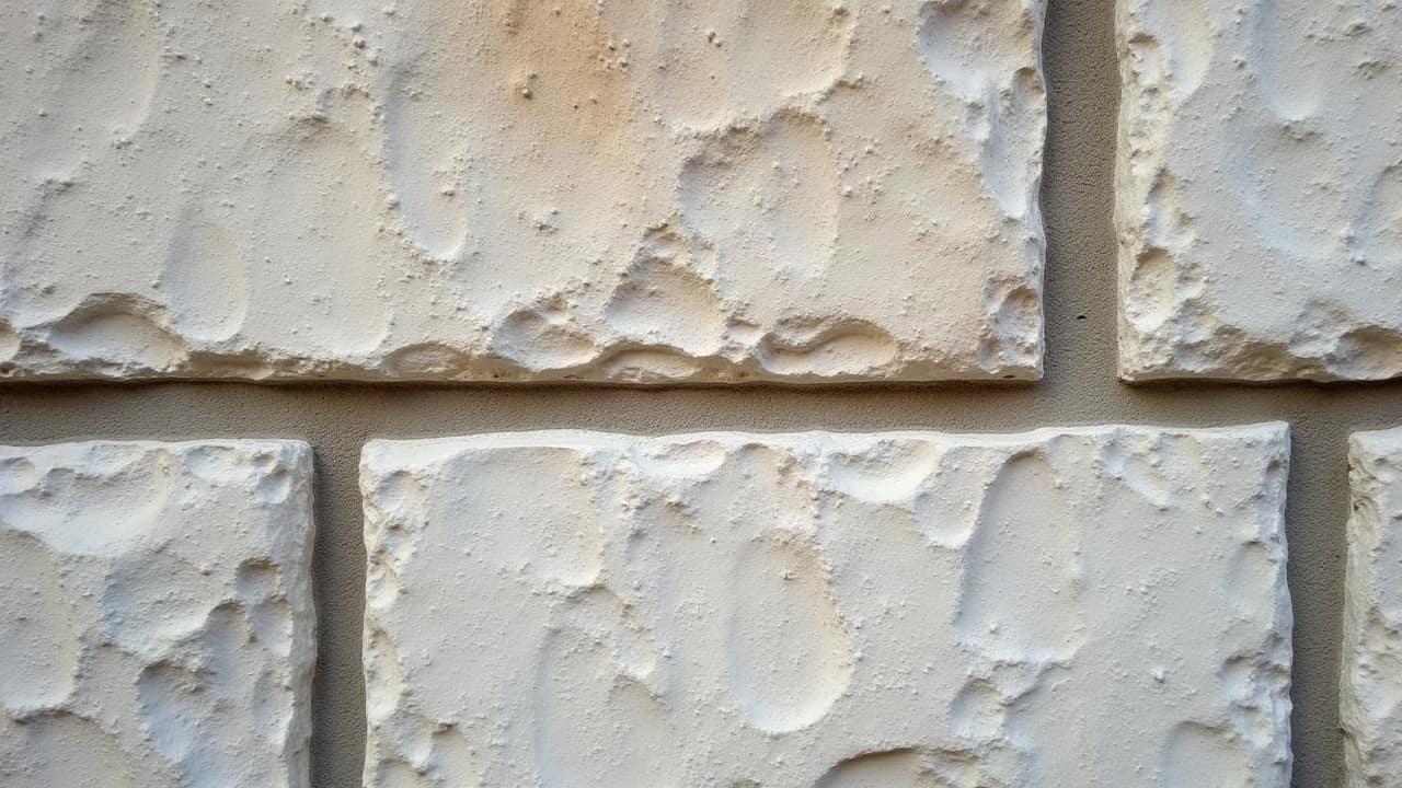 Joints réguliers d'un mur en pierre calcaire apparente, mortier clair encore net entre les blocs