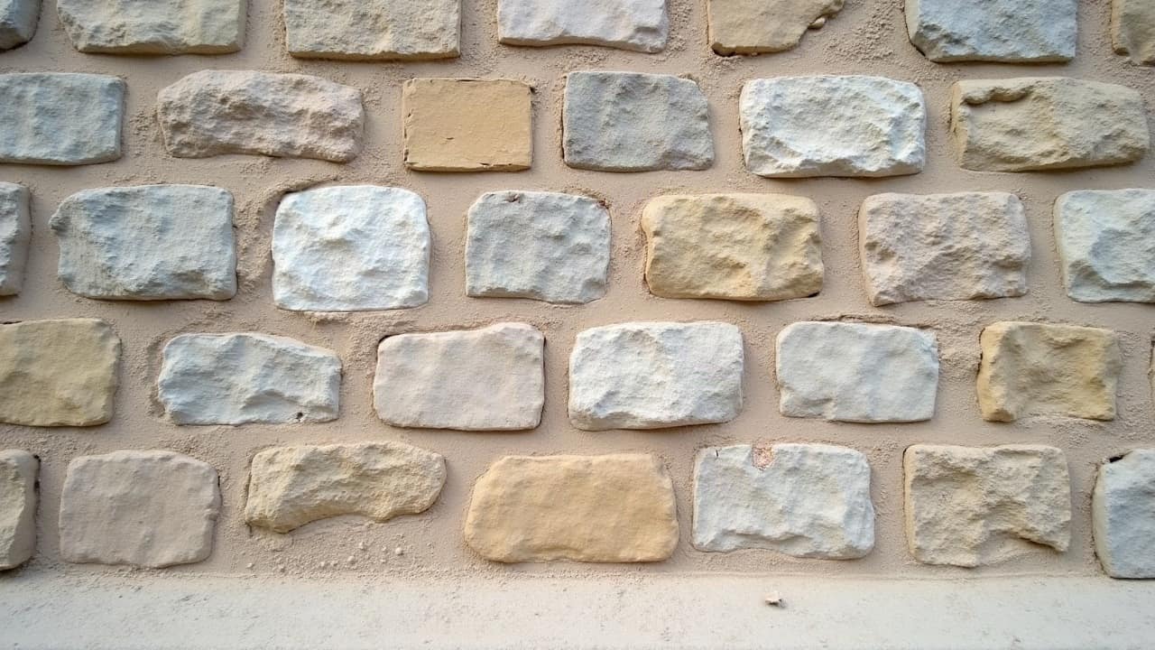 Gros plan sur une pierre calcaire dont la surface se désagrège en poudre fine près du pied du mur