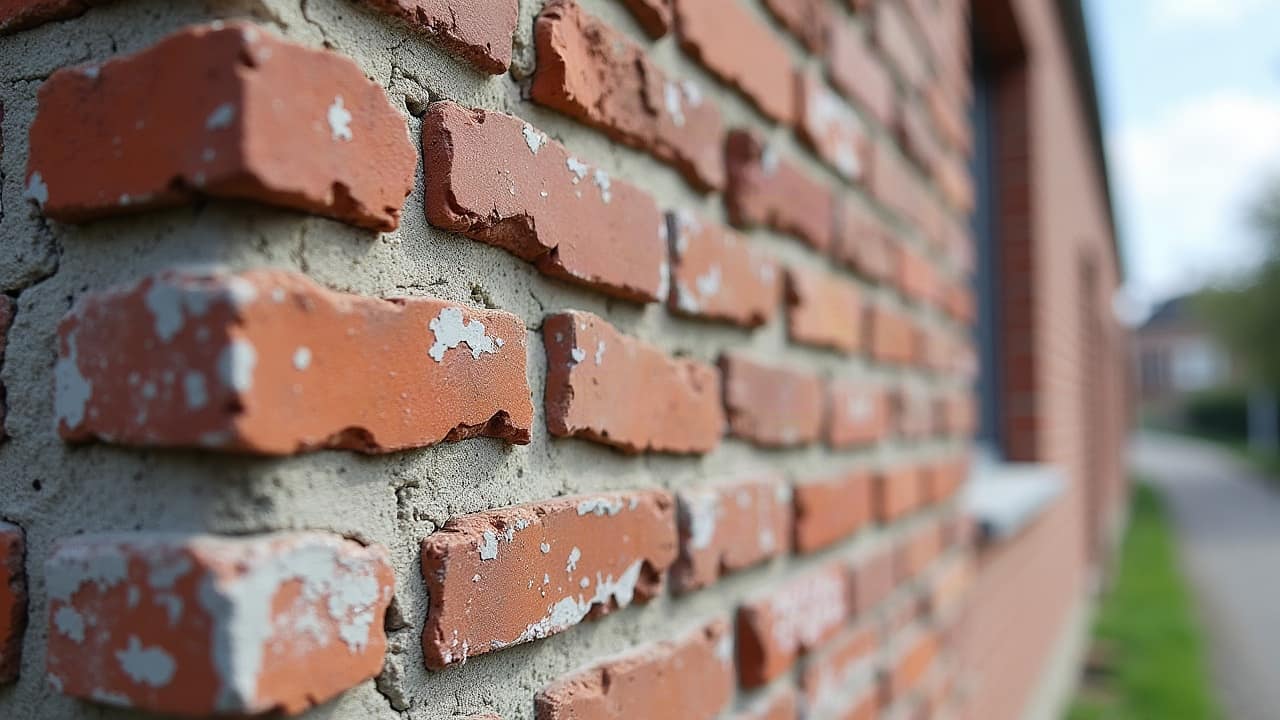 Joint fraîchement réalisé autour d'une brique de remplacement, mortier encore légèrement plus clair que les joints anciens