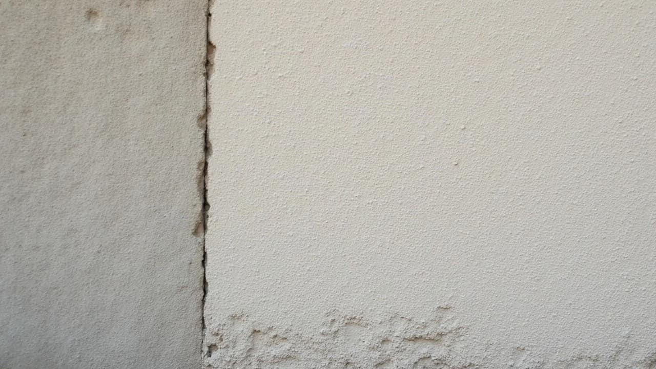 Surface d'enduit avec de fines rigoles laissées par un ruissellement d'eau sur une zone encore fraîche au moment de la pose