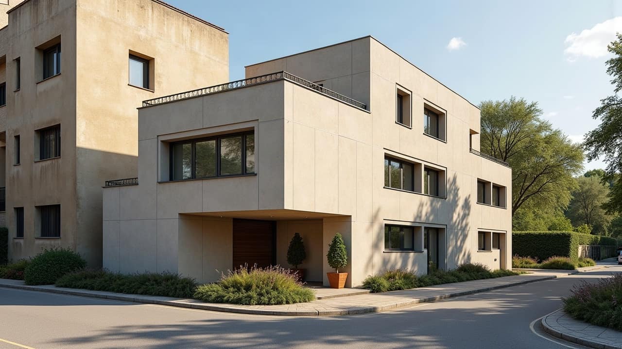 Vue en enfilade d'une rue étroite bordée de façades aux teintes minérales variées, du beige clair au gris chaud