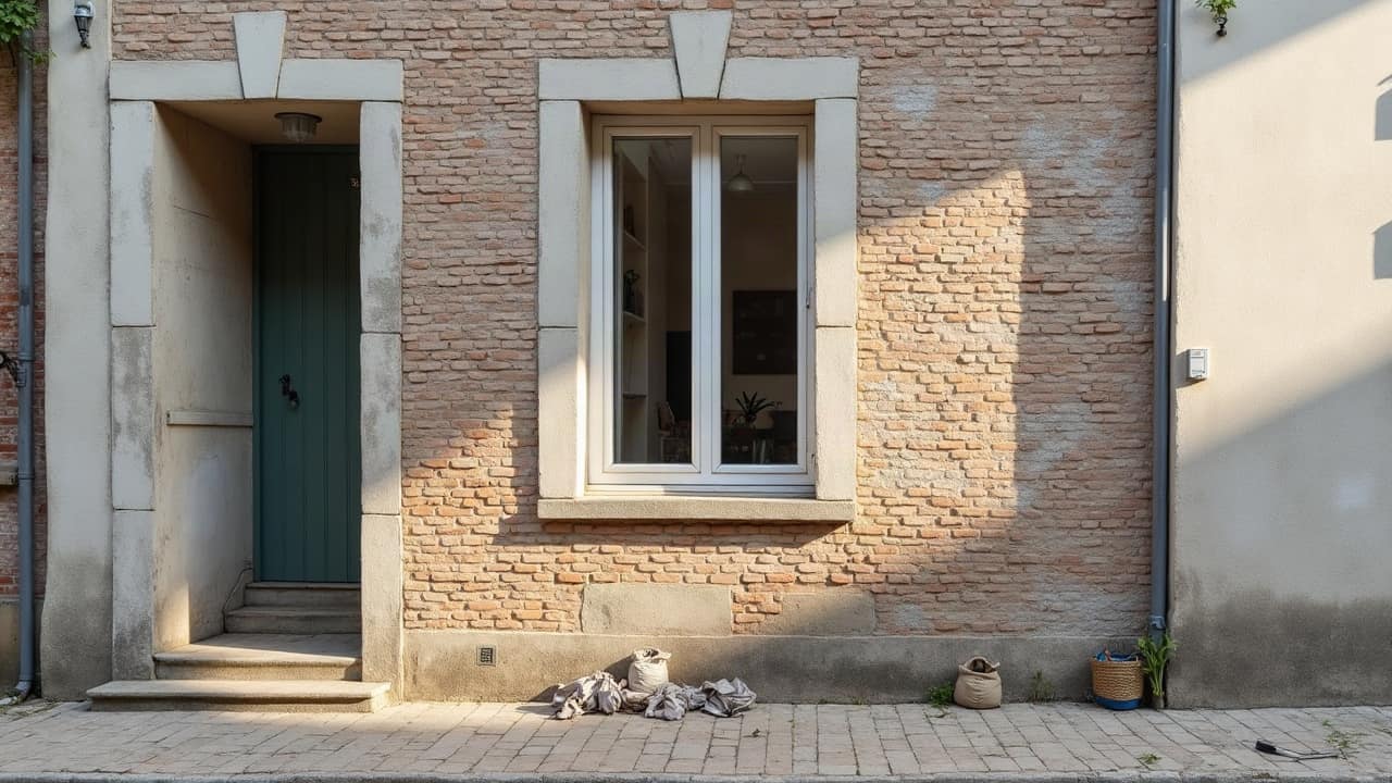 Façade en cours de ravalement avec sacs de matériaux et mortier prêts à l'emploi disposés au pied de l'échafaudage