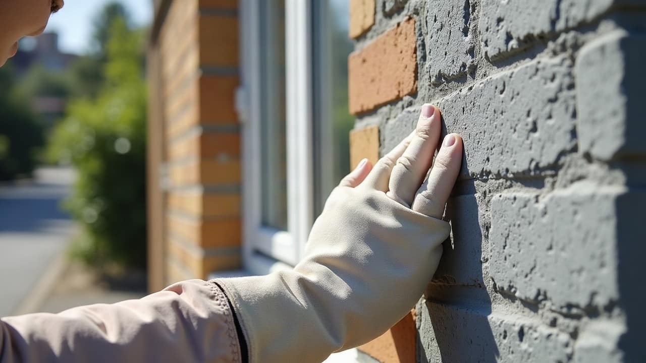 Détail d'un devis posé sur un rebord de fenêtre, entreprise et propriétaire échangeant devant une façade en travaux