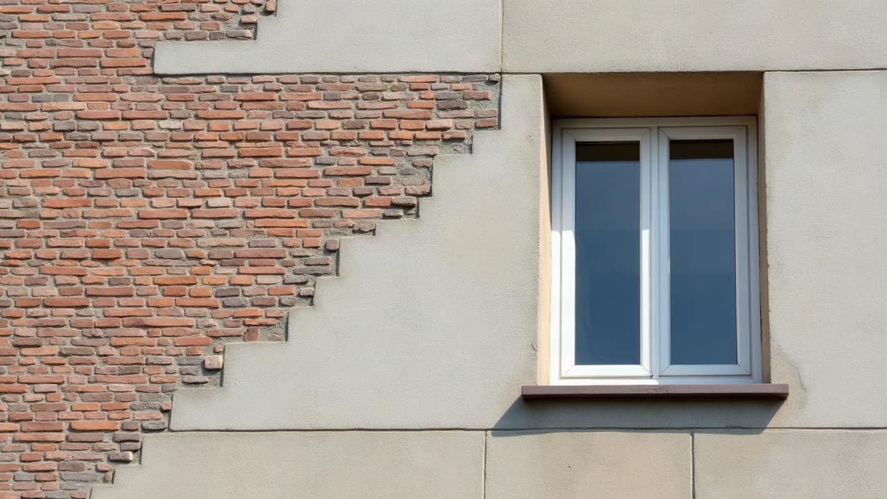 Détail d'une façade d'immeuble en copropriété avec un enduit fissuré autour d'une fenêtre du premier étage