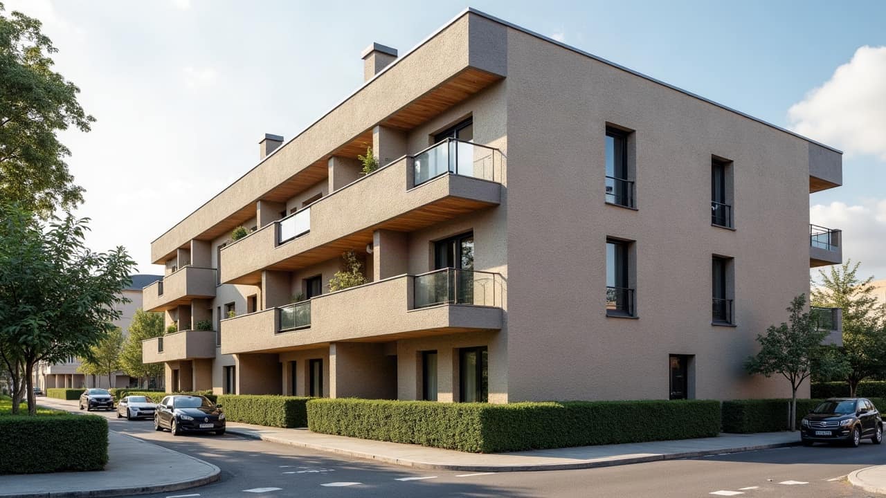 Vue d'ensemble d'un immeuble de copropriété urbain avec plusieurs balcons et une façade en brique bien entretenue